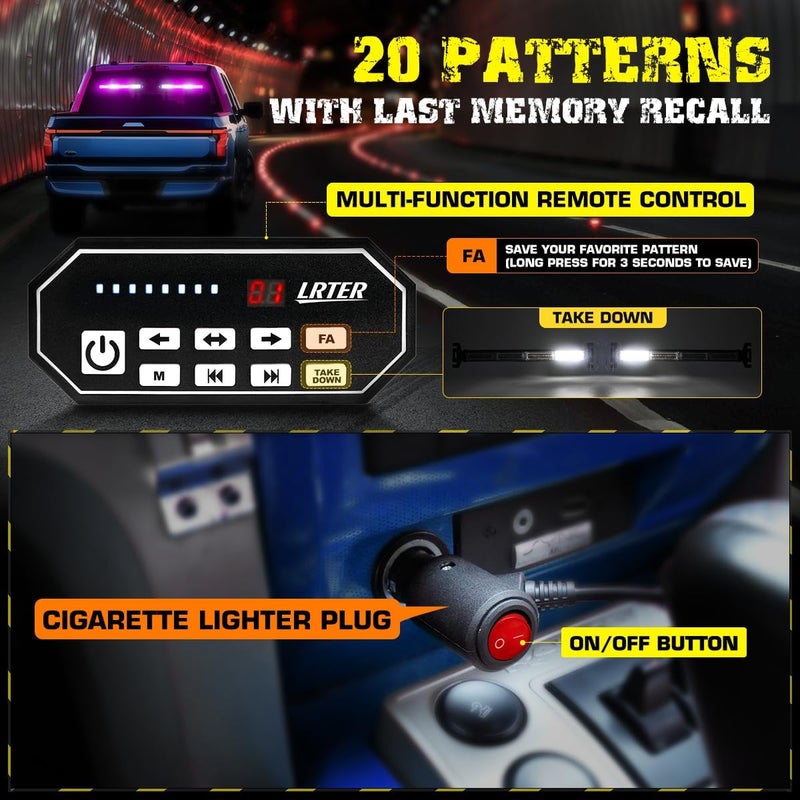 LRTER 2x17.7 Emergency Flashing Warning Strobe Lights Bar w/Digital Display Controller 20 Flash Patterns Interior Safety LED Traffic Advisor Strobe Light for Trucks Vehicles (Purple/White) - Image 5
